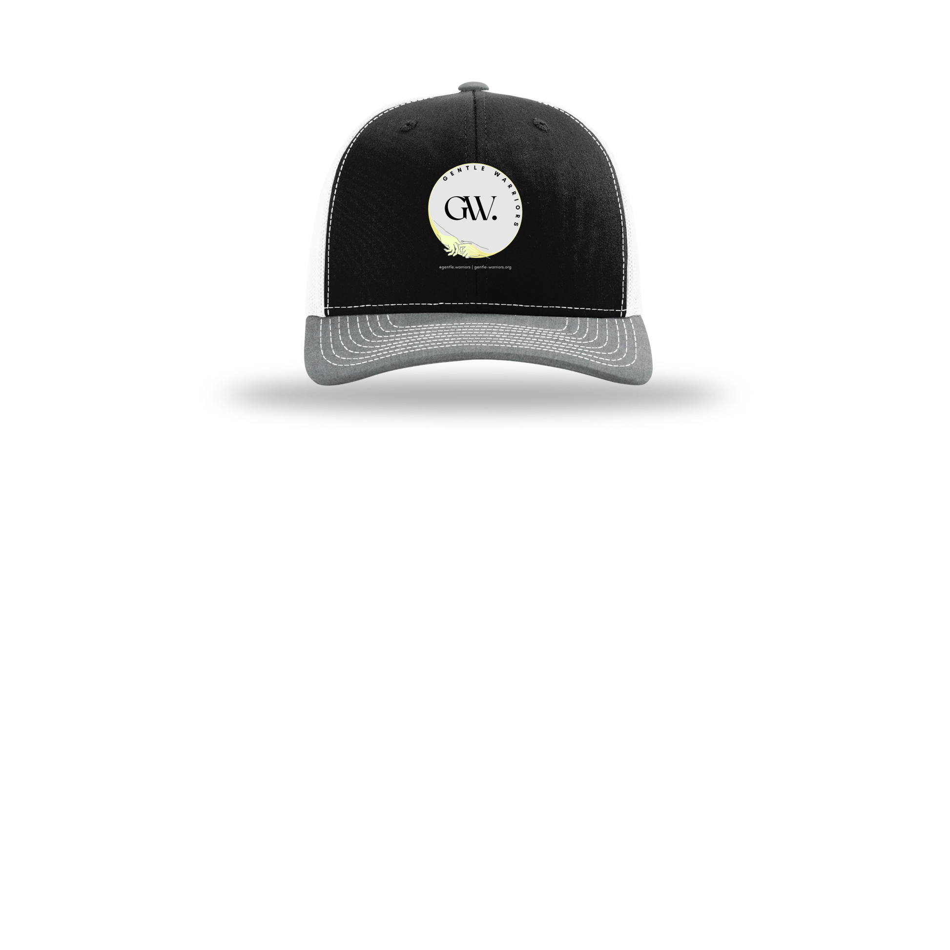 gentle-warriors-richardson-trucker-cap-embroidery-capfront-R112-blackwhiteheathergrey-flat-front