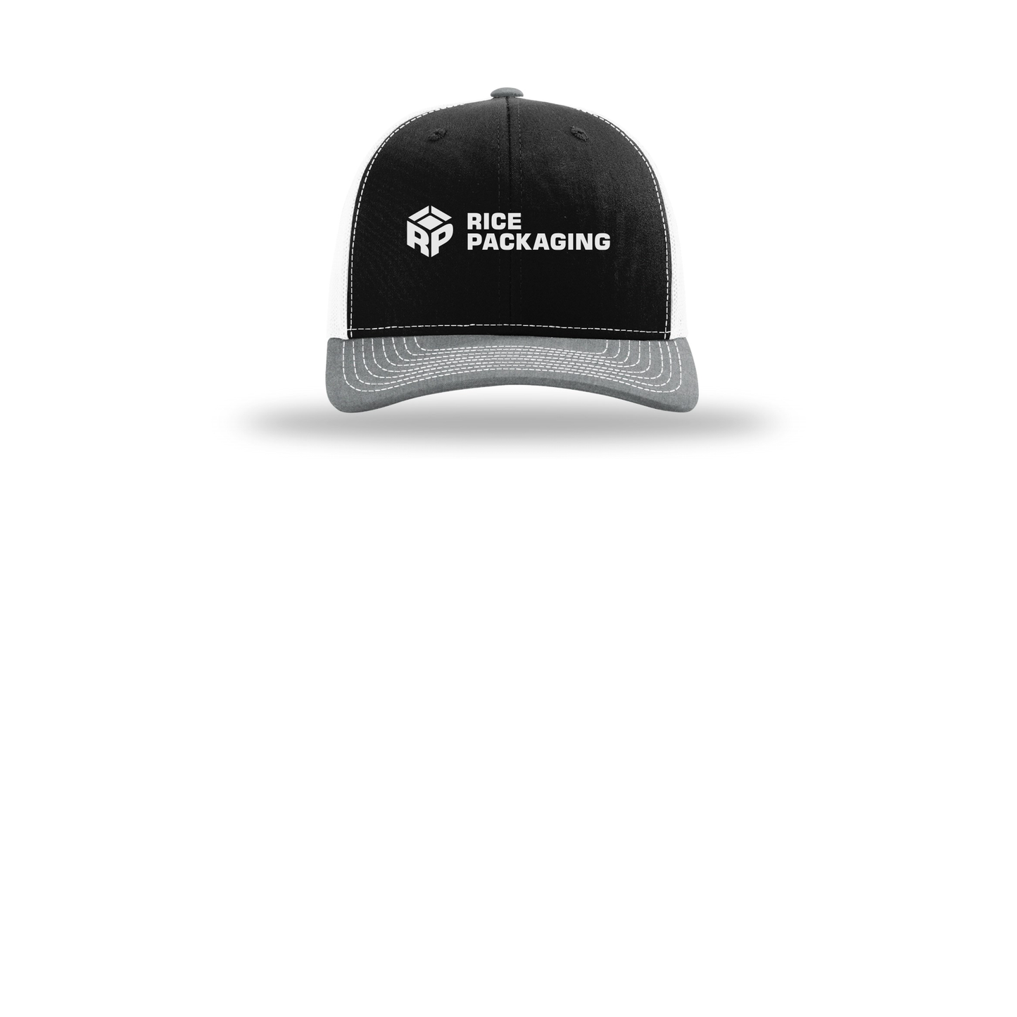 ricepackaging-richardson-trucker-cap-embroidery-capfront-R112-blackwhiteheathergrey-flat-front