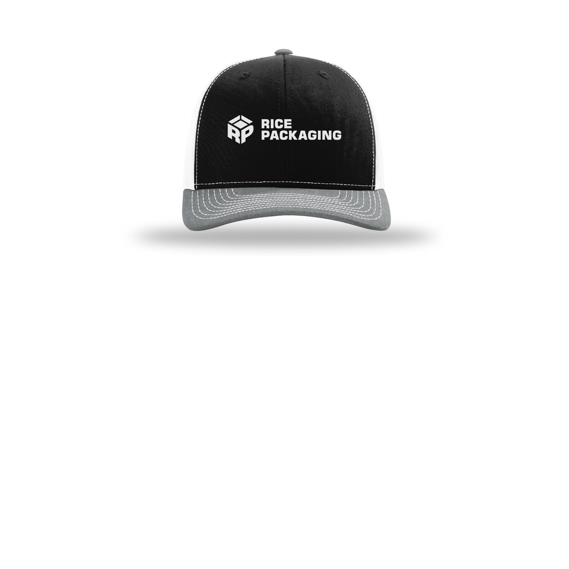 ricepackaging-richardson-trucker-cap-embroidery-capfront-R112-blackwhiteheathergrey-flat-front