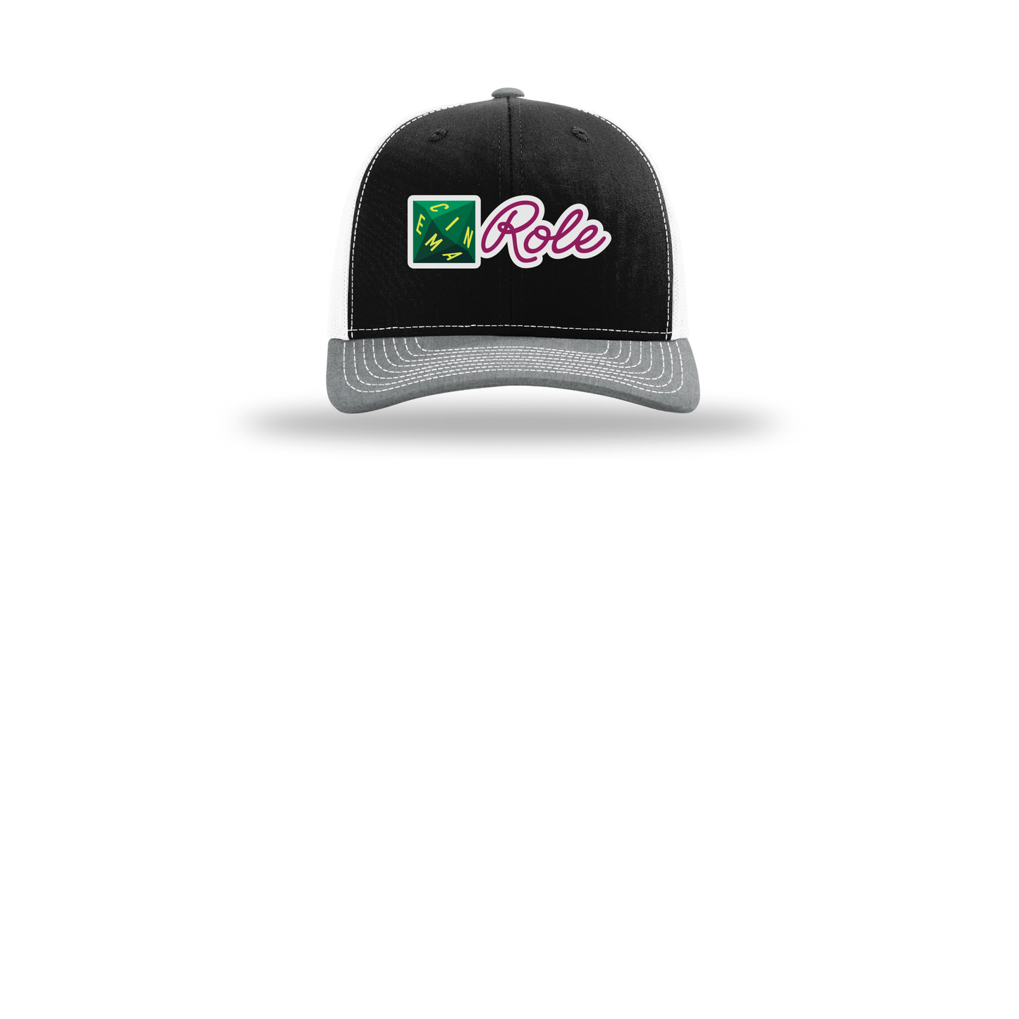 cinemarole-richardson-trucker-cap-embroidery-capfront-R112-blackwhiteheathergrey-flat-front