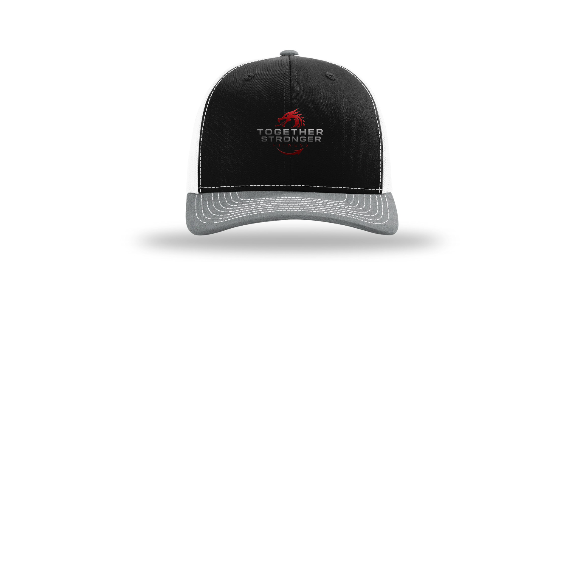 togetherstrongerfitness-richardson-trucker-cap-embroidery-capfront-R112-blackwhiteheathergrey-flat-front