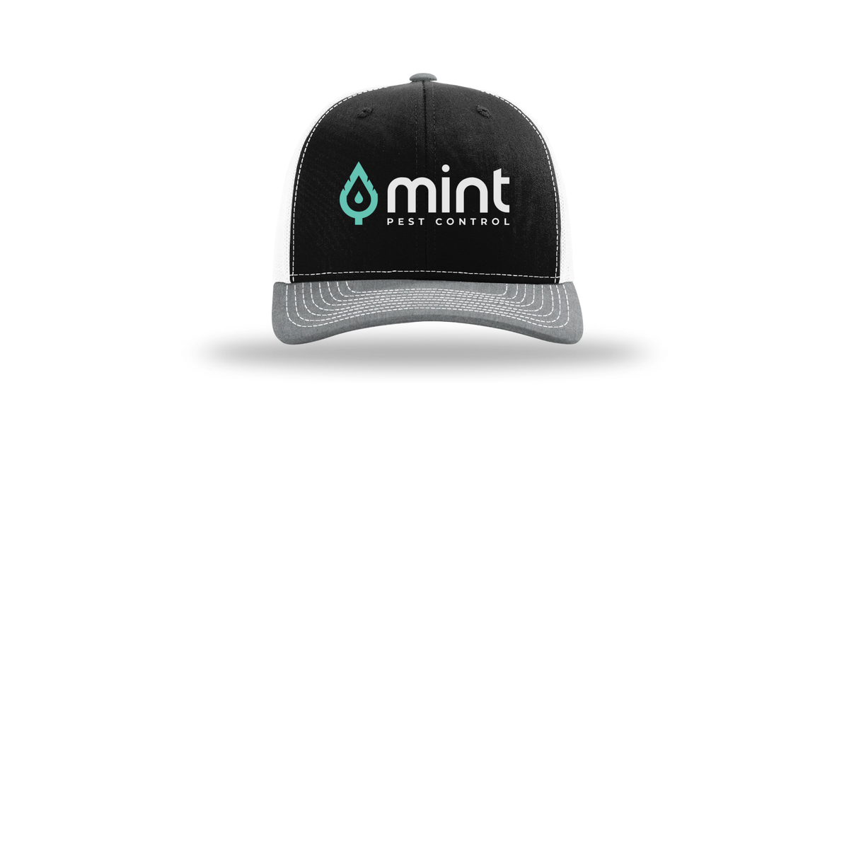 mintpest-richardson-trucker-cap-embroidery-capfront-R112-blackwhiteheathergrey-flat-front