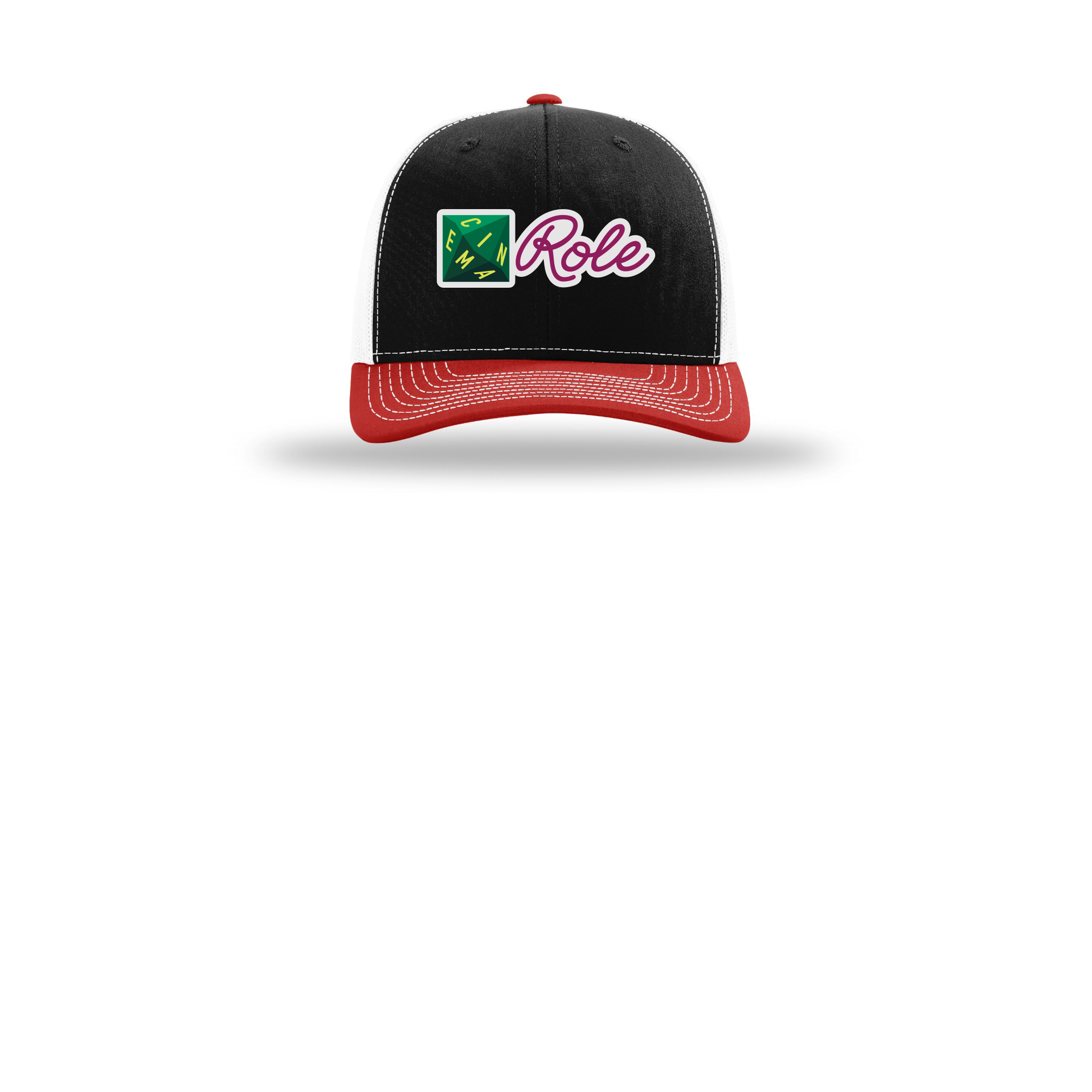 cinemarole-richardson-trucker-cap-embroidery-capfront-R112-blackwhitered-flat-front