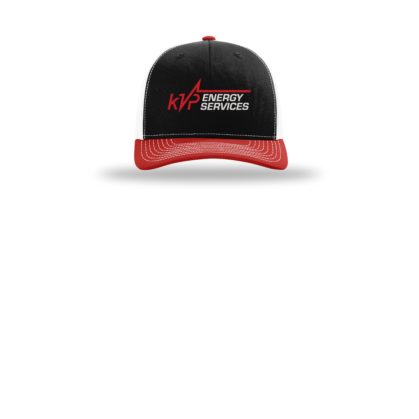 kvpenergy-richardson-trucker-cap-embroidery-capfront-R112-blackwhitered-flat-front