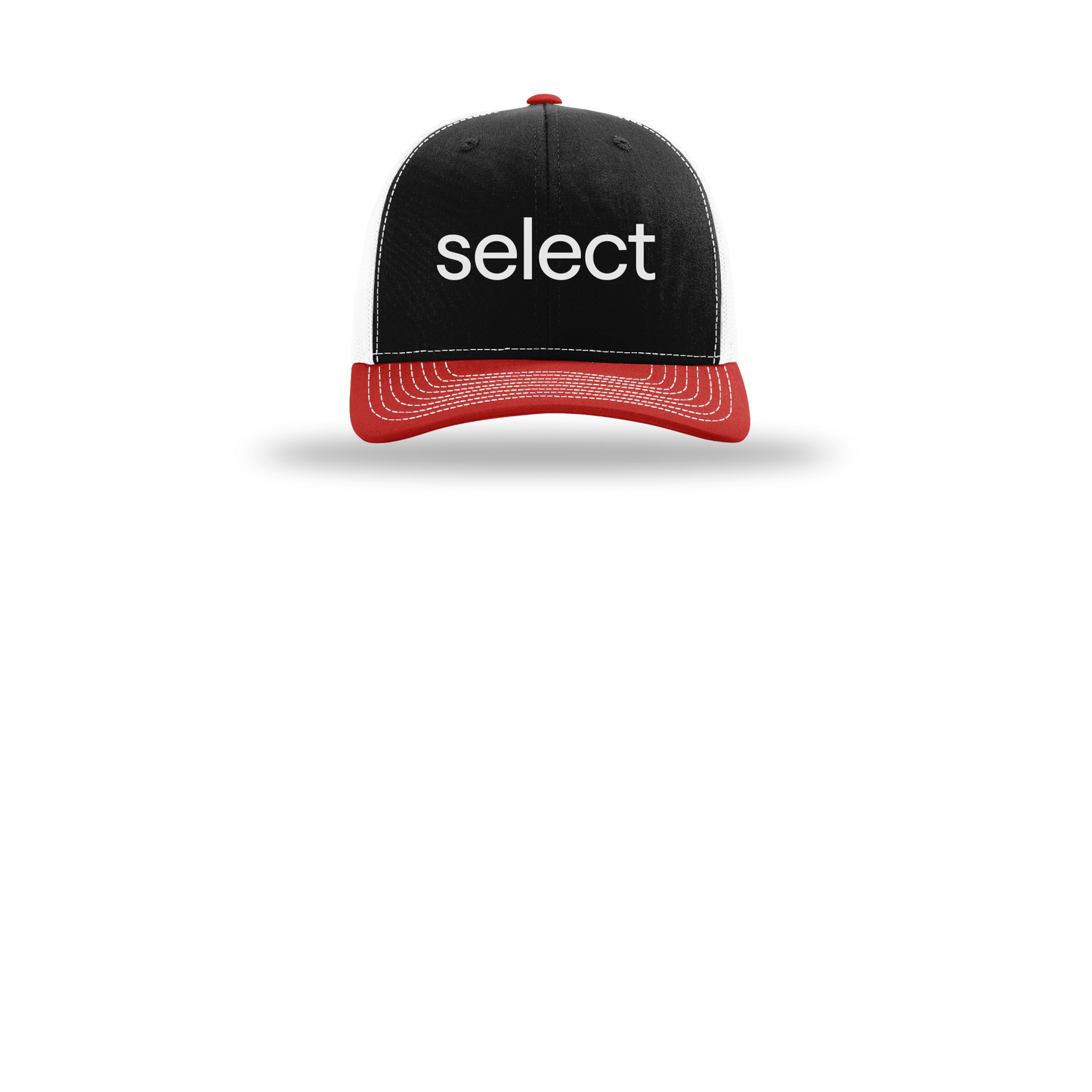 meetselect-richardson-trucker-cap-embroidery-capfront-R112-blackwhitered-flat-front