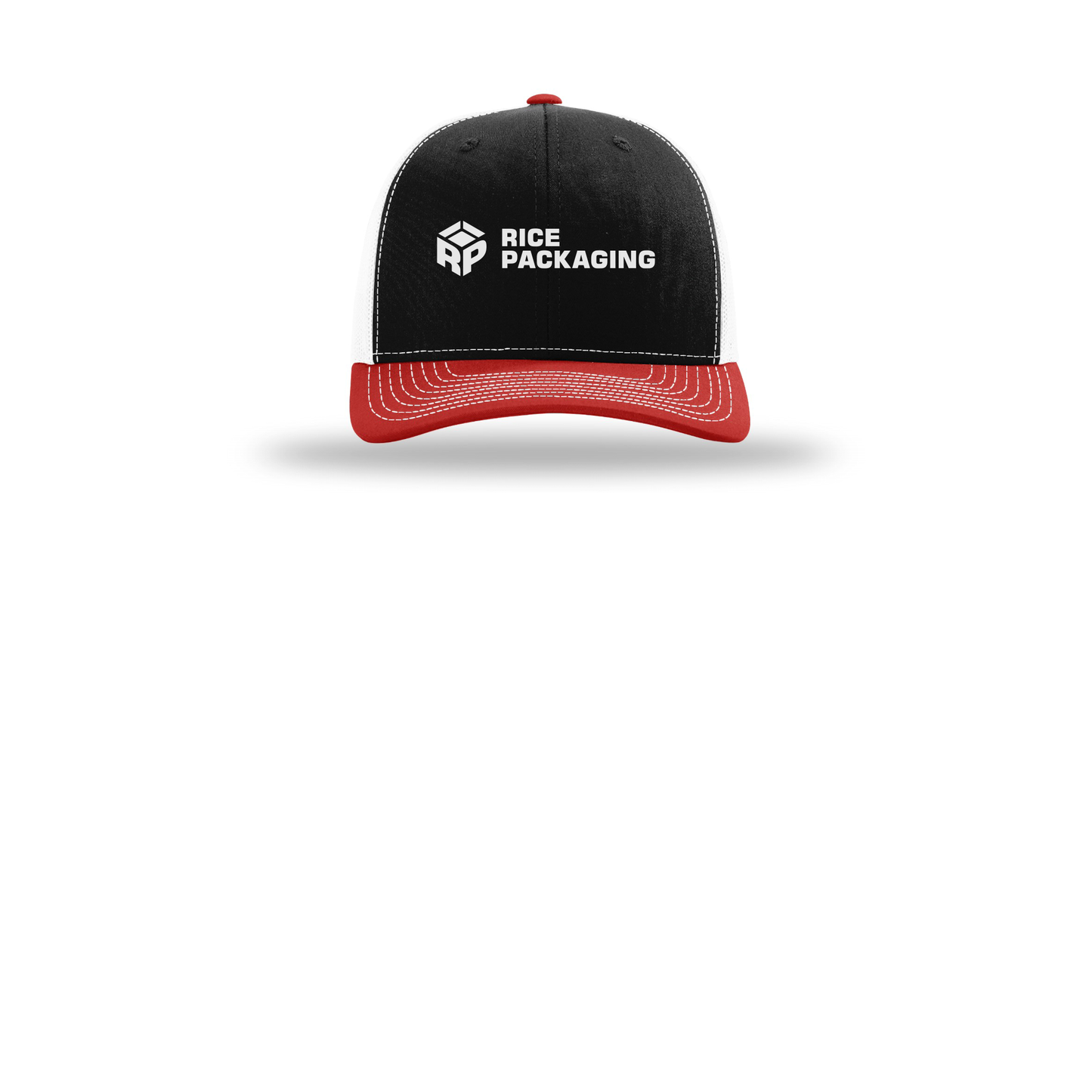 ricepackaging-richardson-trucker-cap-embroidery-capfront-R112-blackwhitered-flat-front