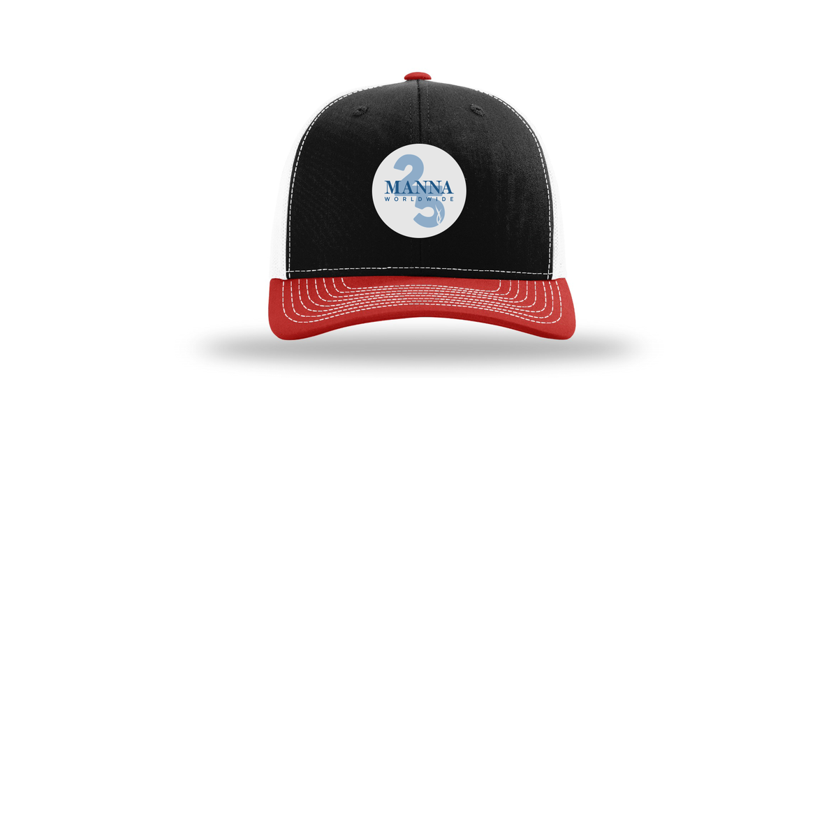 mannaworldwide-richardson-trucker-cap-embroidery-capfront-R112-blackwhitered-flat-front