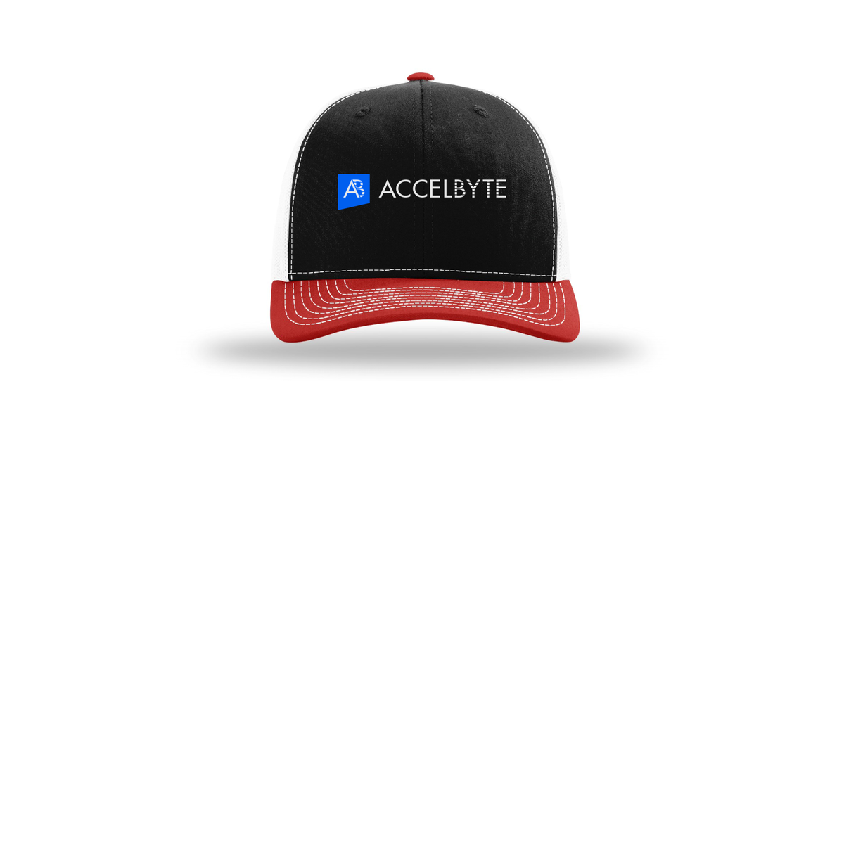 accelbyte-richardson-trucker-cap-embroidery-capfront-R112-blackwhitered-flat-front