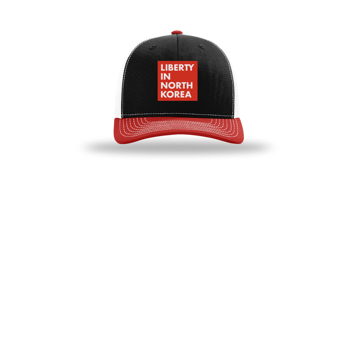 libertyinnorthkorea-richardson-trucker-cap-embroidery-capfront-R112-blackwhitered-flat-front