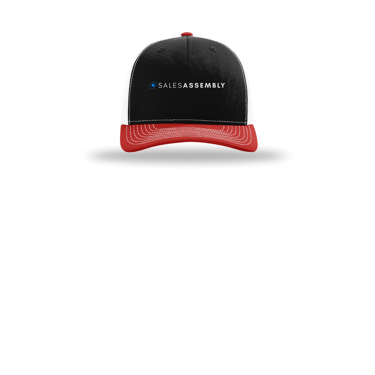 salesassembly-richardson-trucker-cap-embroidery-capfront-R112-blackwhitered-flat-front