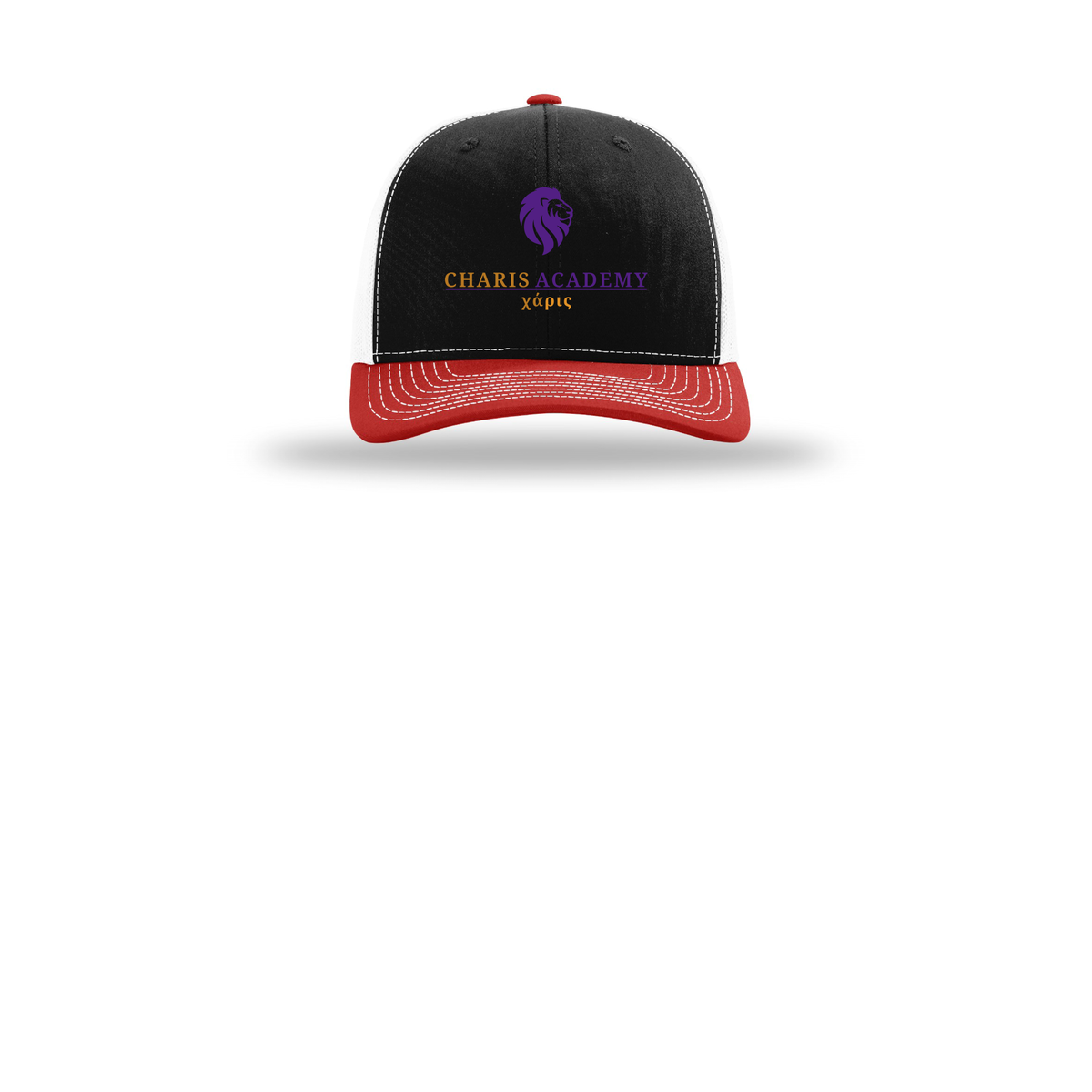 cahazleton-richardson-trucker-cap-embroidery-capfront-R112-blackwhitered-flat-front