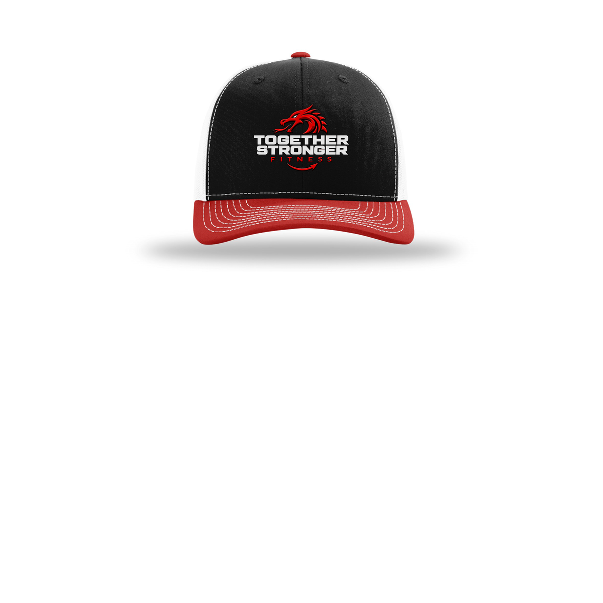 togetherstrongerfitness-richardson-trucker-cap-embroidery-capfront-R112-blackwhitered-flat-front