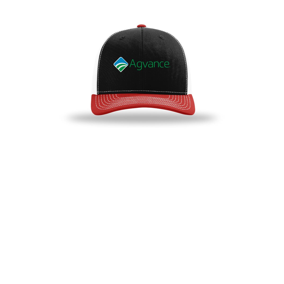 agvance-richardson-trucker-cap-embroidery-capfront-R112-blackwhitered-flat-front