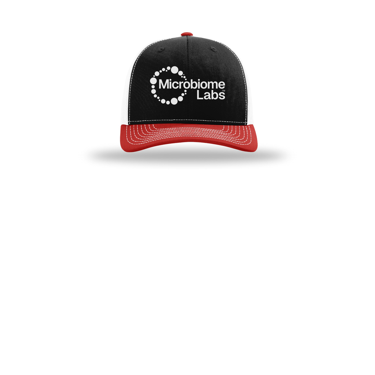 microbiomelabs-richardson-trucker-cap-embroidery-capfront-R112-blackwhitered-flat-front