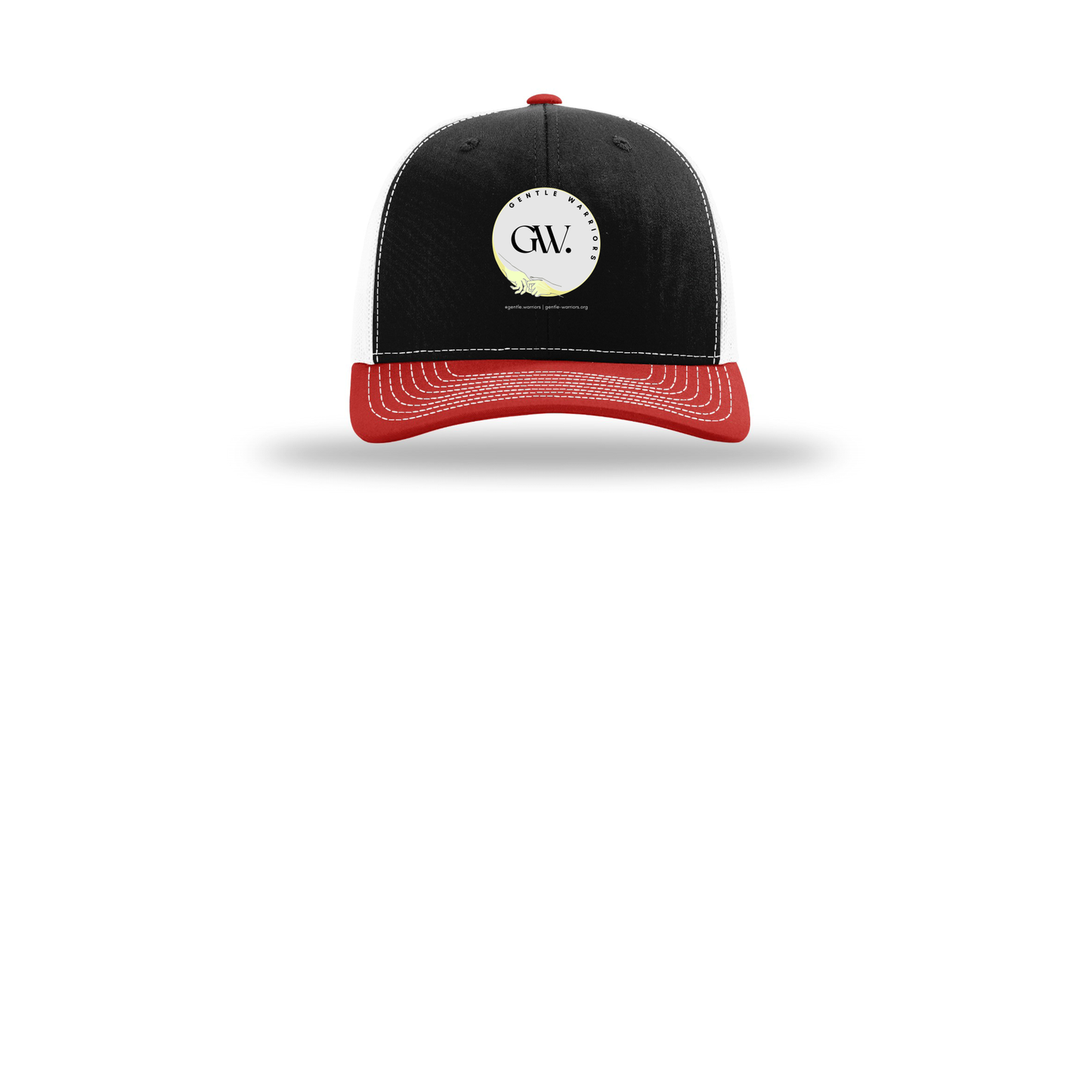 gentle-warriors-richardson-trucker-cap-embroidery-capfront-R112-blackwhitered-flat-front
