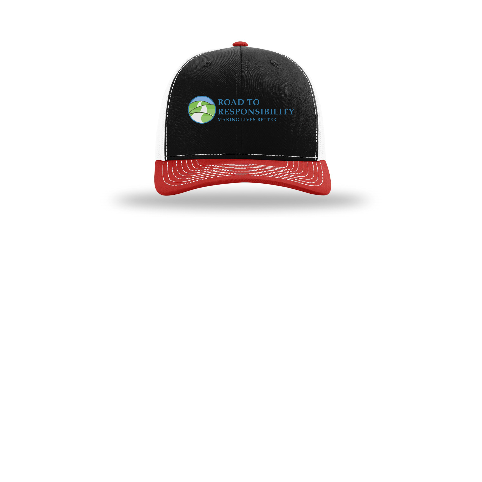 roadtoresponsibility-richardson-trucker-cap-embroidery-capfront-R112-blackwhitered-flat-front