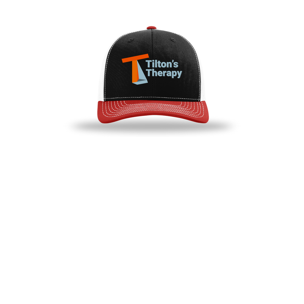 tiltonstherapy-richardson-trucker-cap-embroidery-capfront-R112-blackwhitered-flat-front