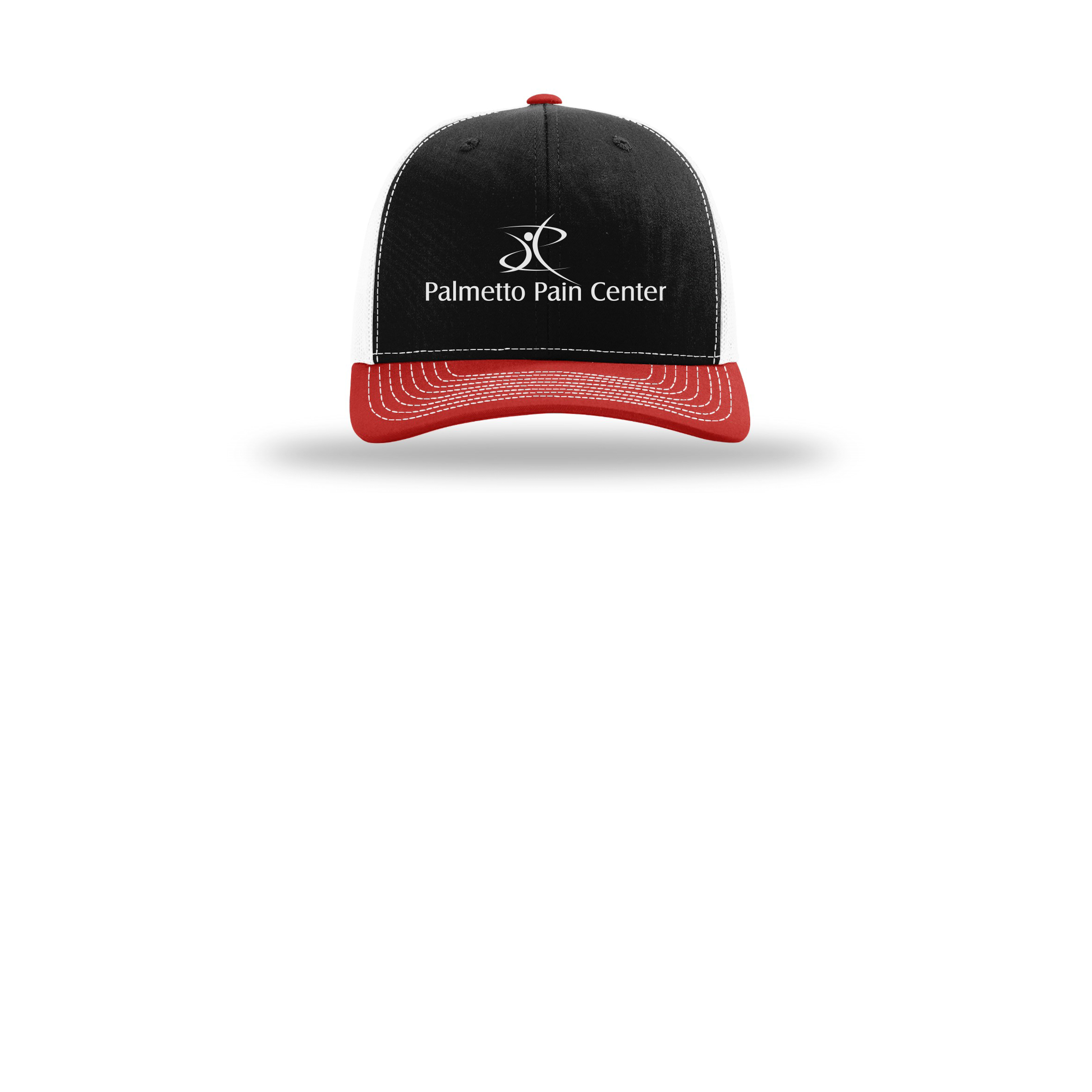 palmetto-pain-center-richardson-trucker-cap-embroidery-capfront-R112-blackwhitered-flat-front