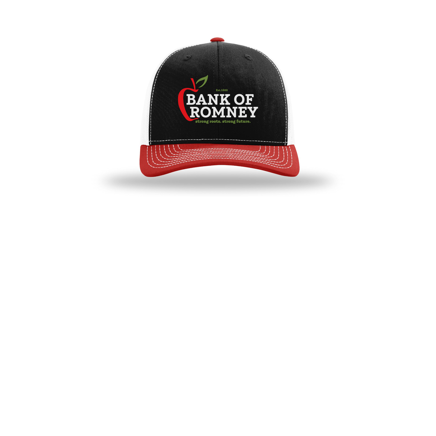 bankofromney-richardson-trucker-cap-embroidery-capfront-R112-blackwhitered-flat-front