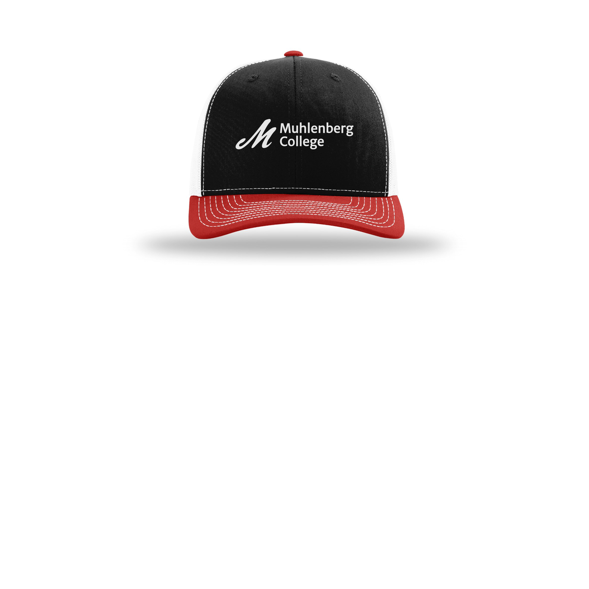 muhlenberg-richardson-trucker-cap-embroidery-capfront-R112-blackwhitered-flat-front