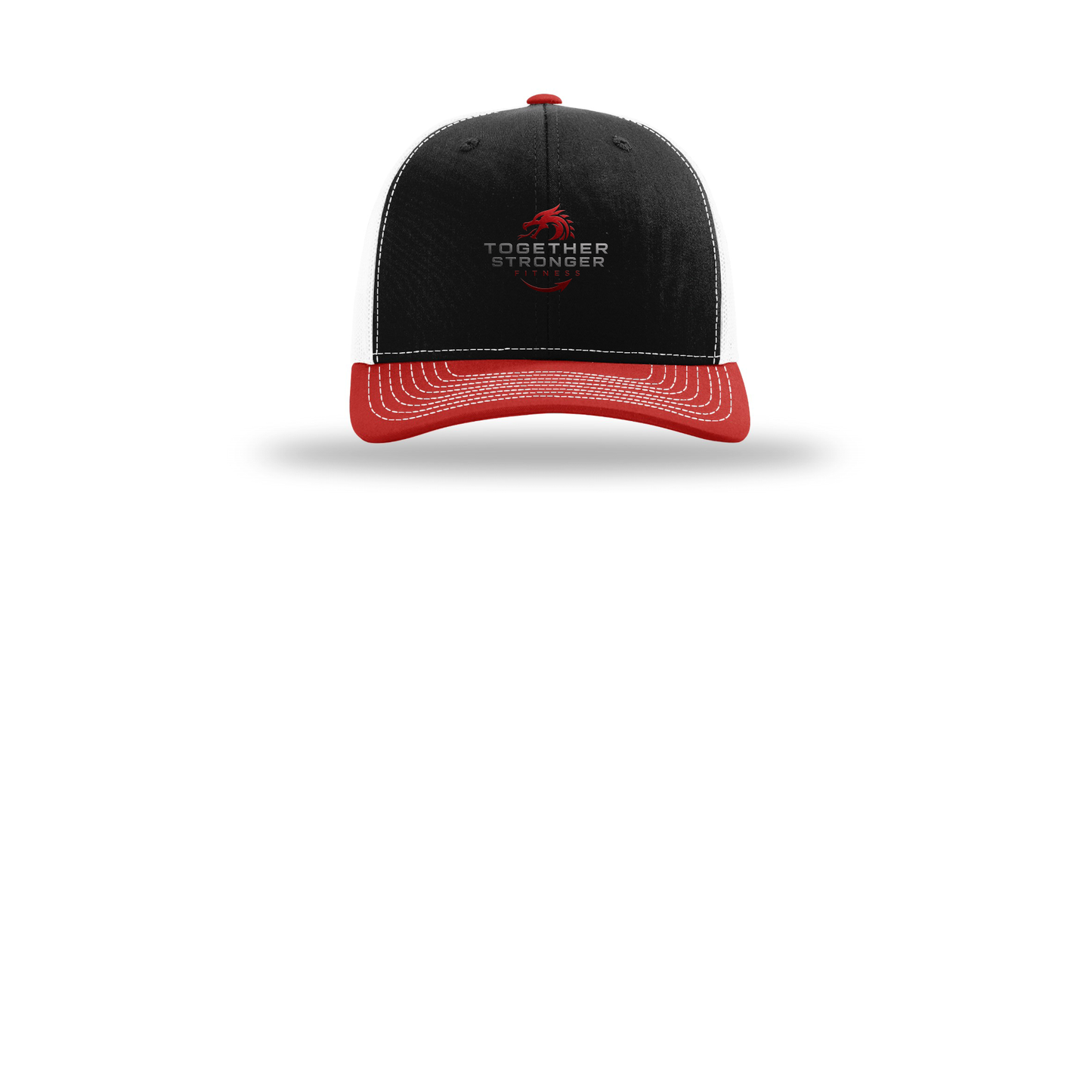 togetherstrongerfitness-richardson-trucker-cap-embroidery-capfront-R112-blackwhitered-flat-front