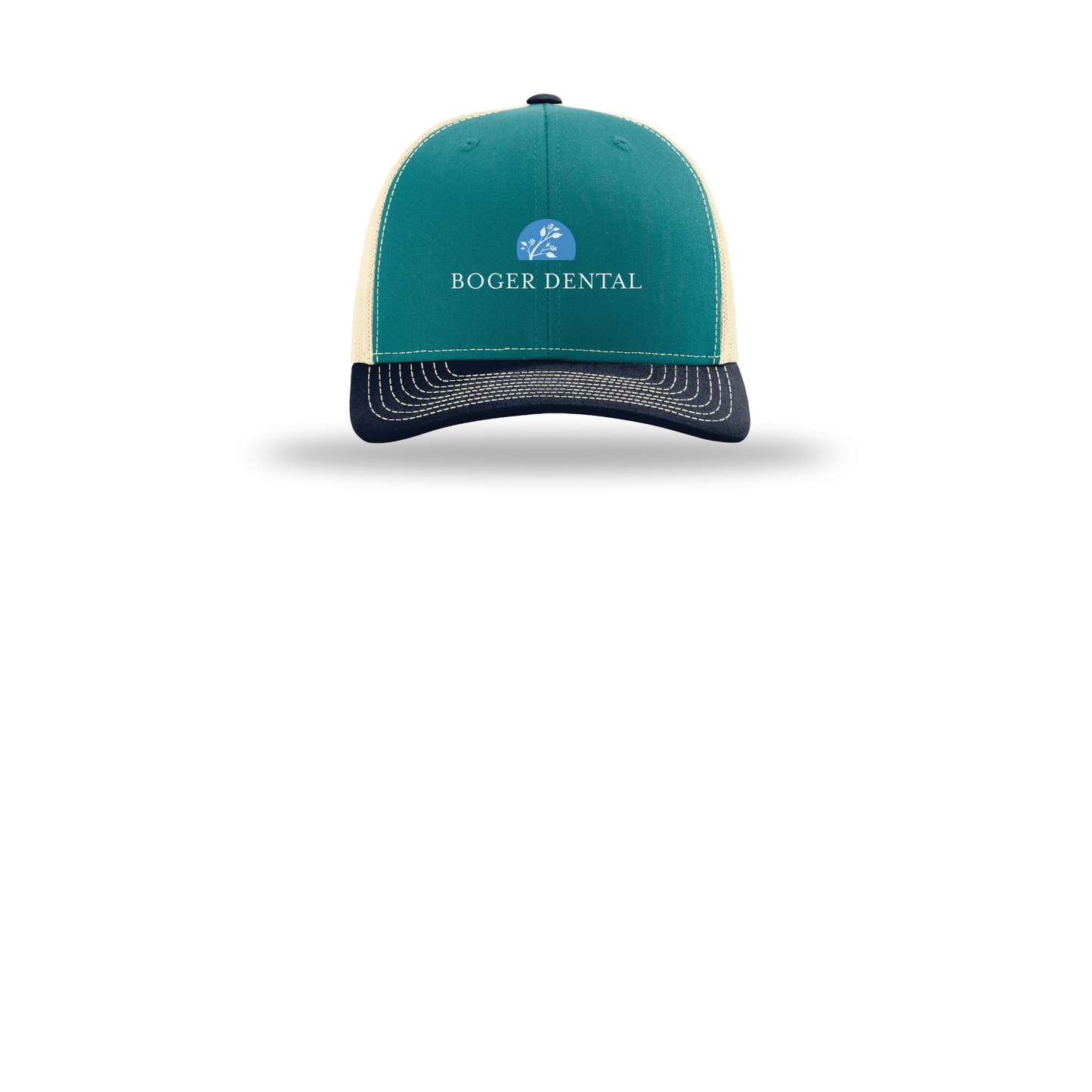boger-dental-richardson-trucker-cap-embroidery-capfront-R112-bluetealbirchnavy-flat-front