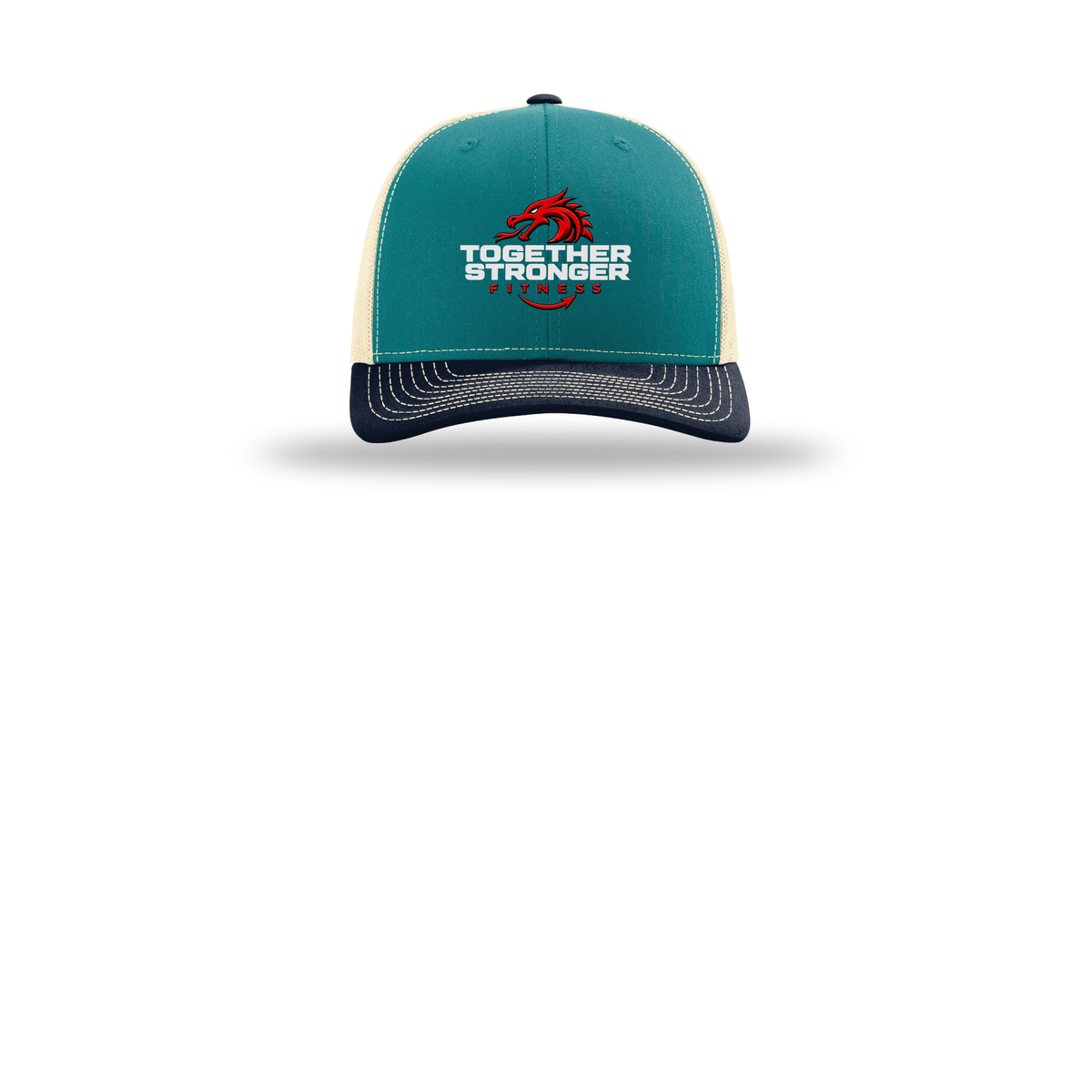 togetherstrongerfitness-richardson-trucker-cap-embroidery-capfront-R112-bluetealbirchnavy-flat-front