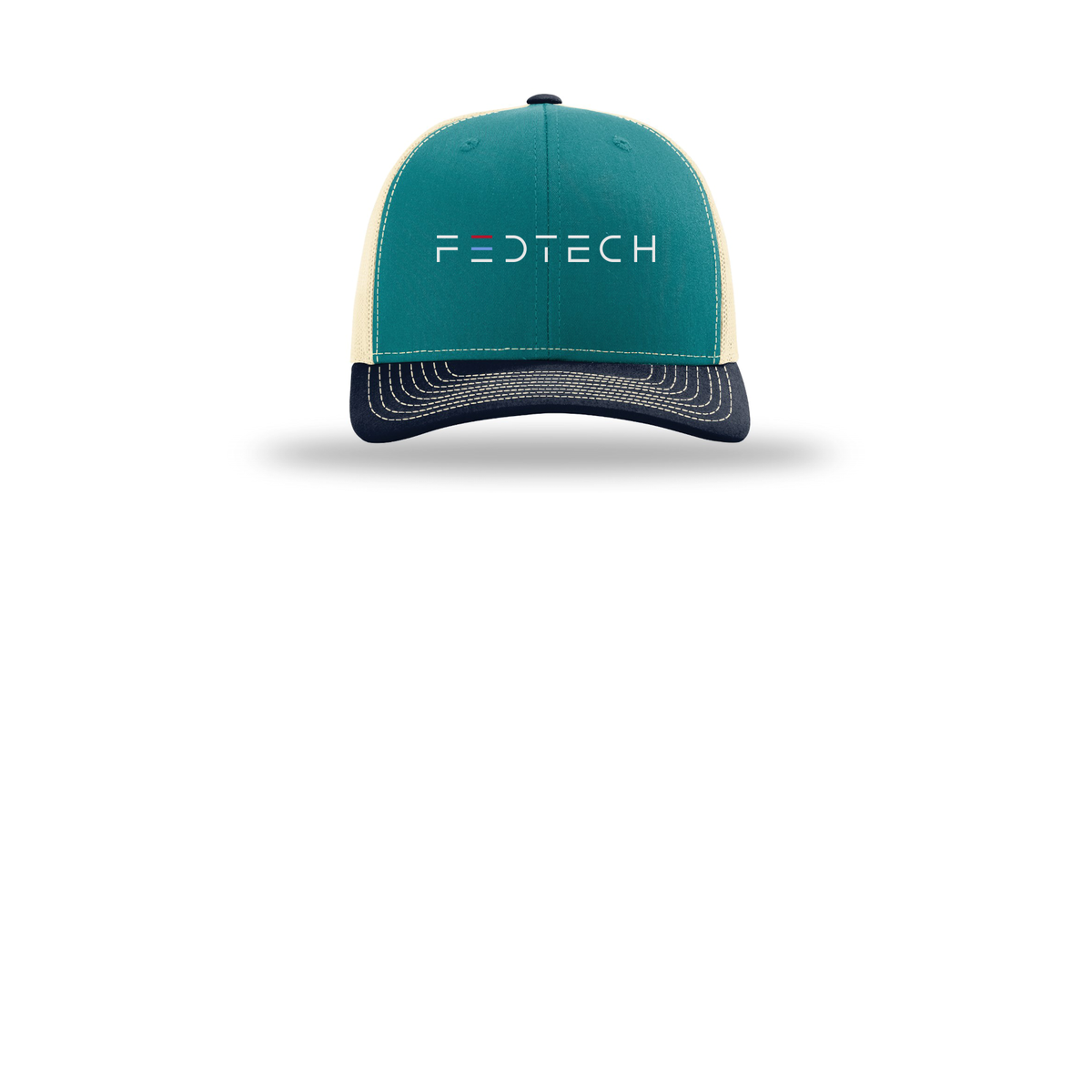 fedtech-richardson-trucker-cap-embroidery-capfront-R112-bluetealbirchnavy-flat-front