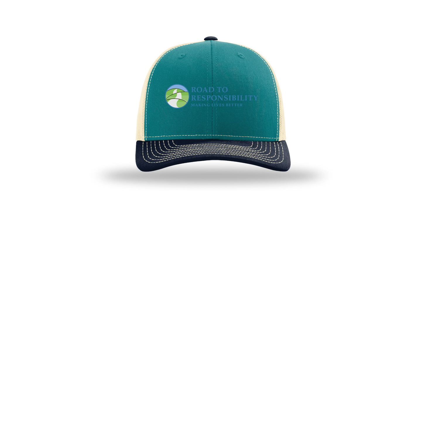 roadtoresponsibility-richardson-trucker-cap-embroidery-capfront-R112-bluetealbirchnavy-flat-front
