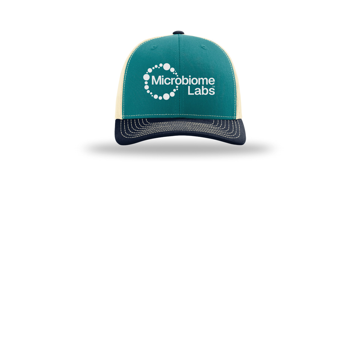 microbiomelabs-richardson-trucker-cap-embroidery-capfront-R112-bluetealbirchnavy-flat-front