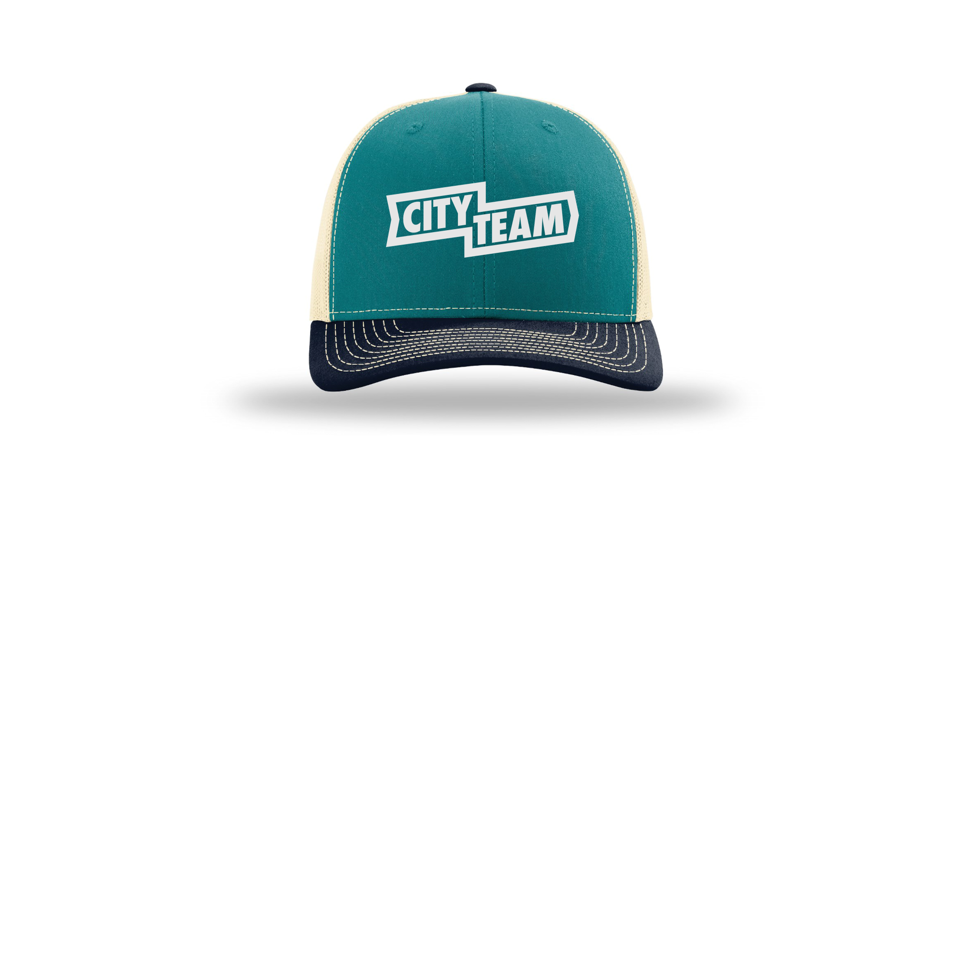 cityteam-richardson-trucker-cap-embroidery-capfront-R112-bluetealbirchnavy-flat-front