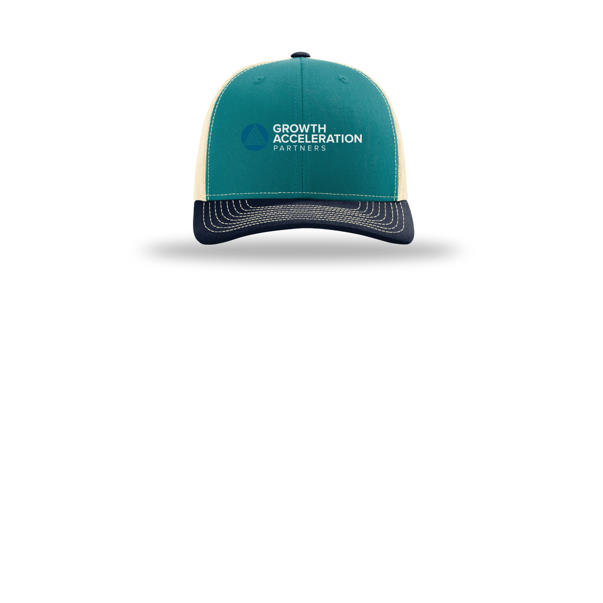 growthaccelerationpartners-richardson-trucker-cap-embroidery-capfront-R112-bluetealbirchnavy-flat-front