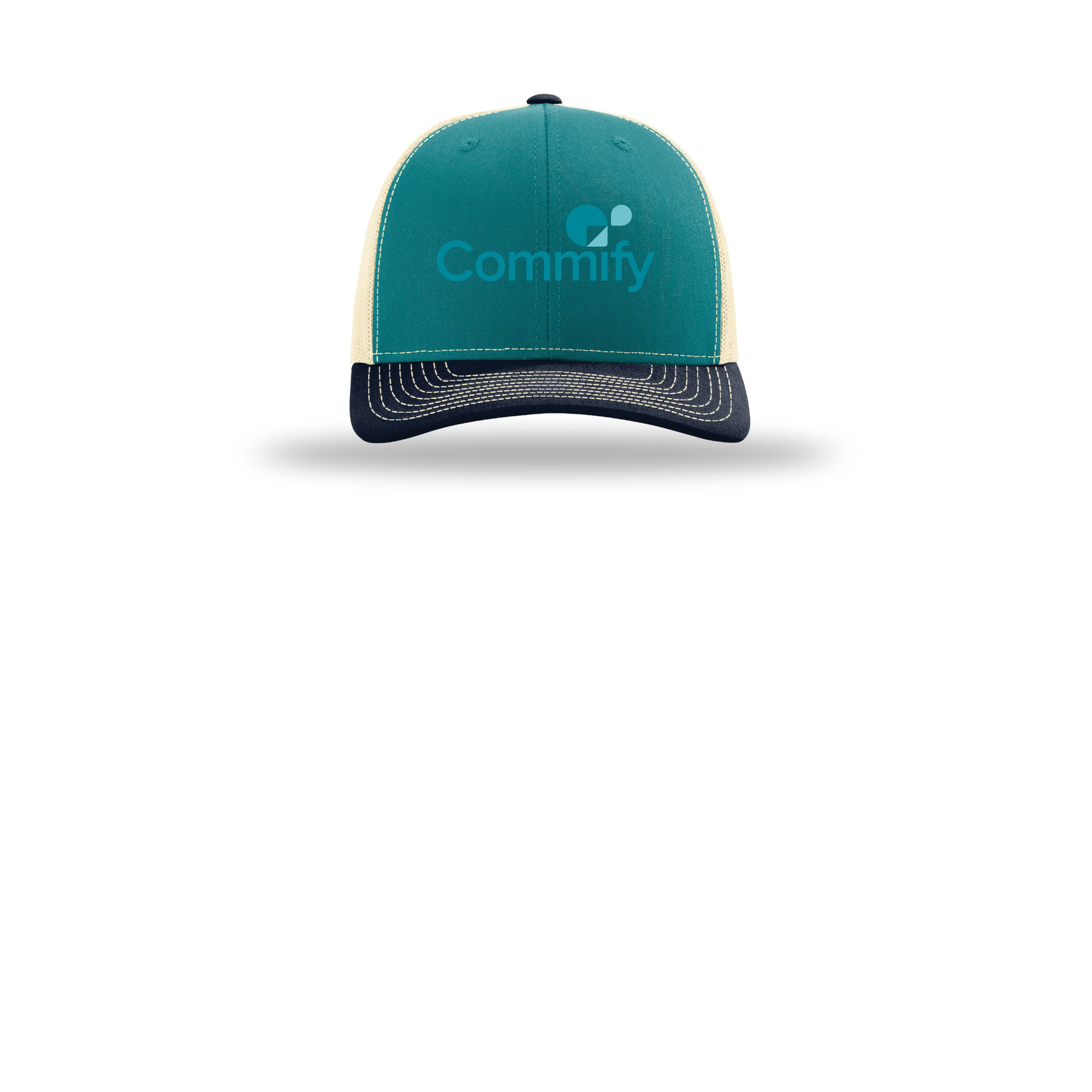 commify-richardson-trucker-cap-embroidery-capfront-R112-bluetealbirchnavy-flat-front