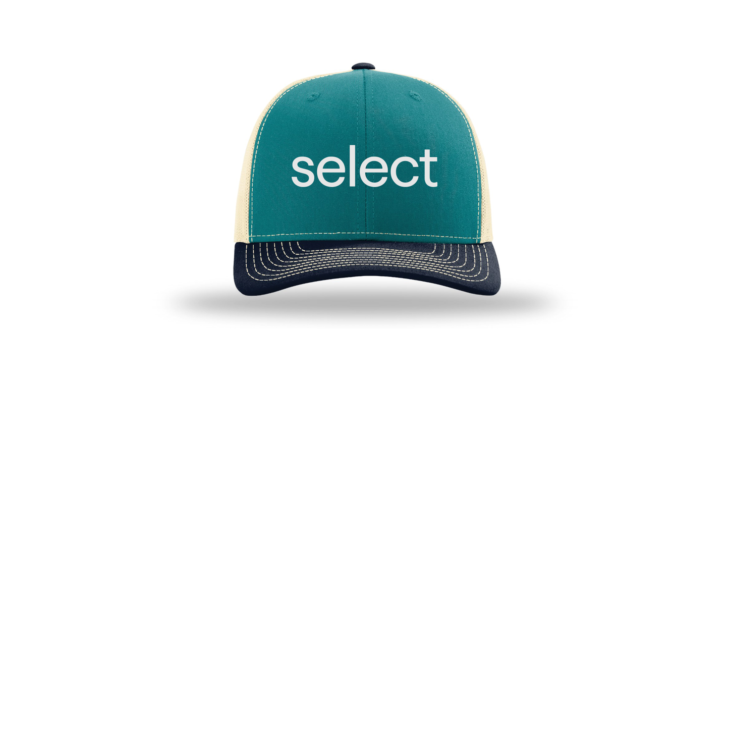 meetselect-richardson-trucker-cap-embroidery-capfront-R112-bluetealbirchnavy-flat-front
