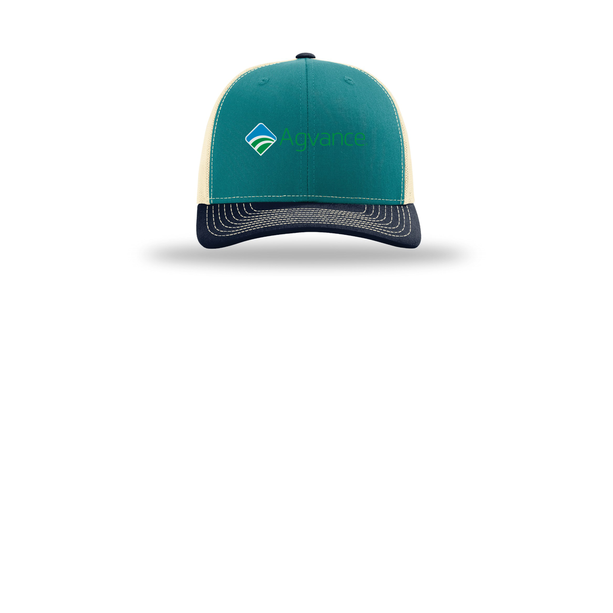 agvance-richardson-trucker-cap-embroidery-capfront-R112-bluetealbirchnavy-flat-front