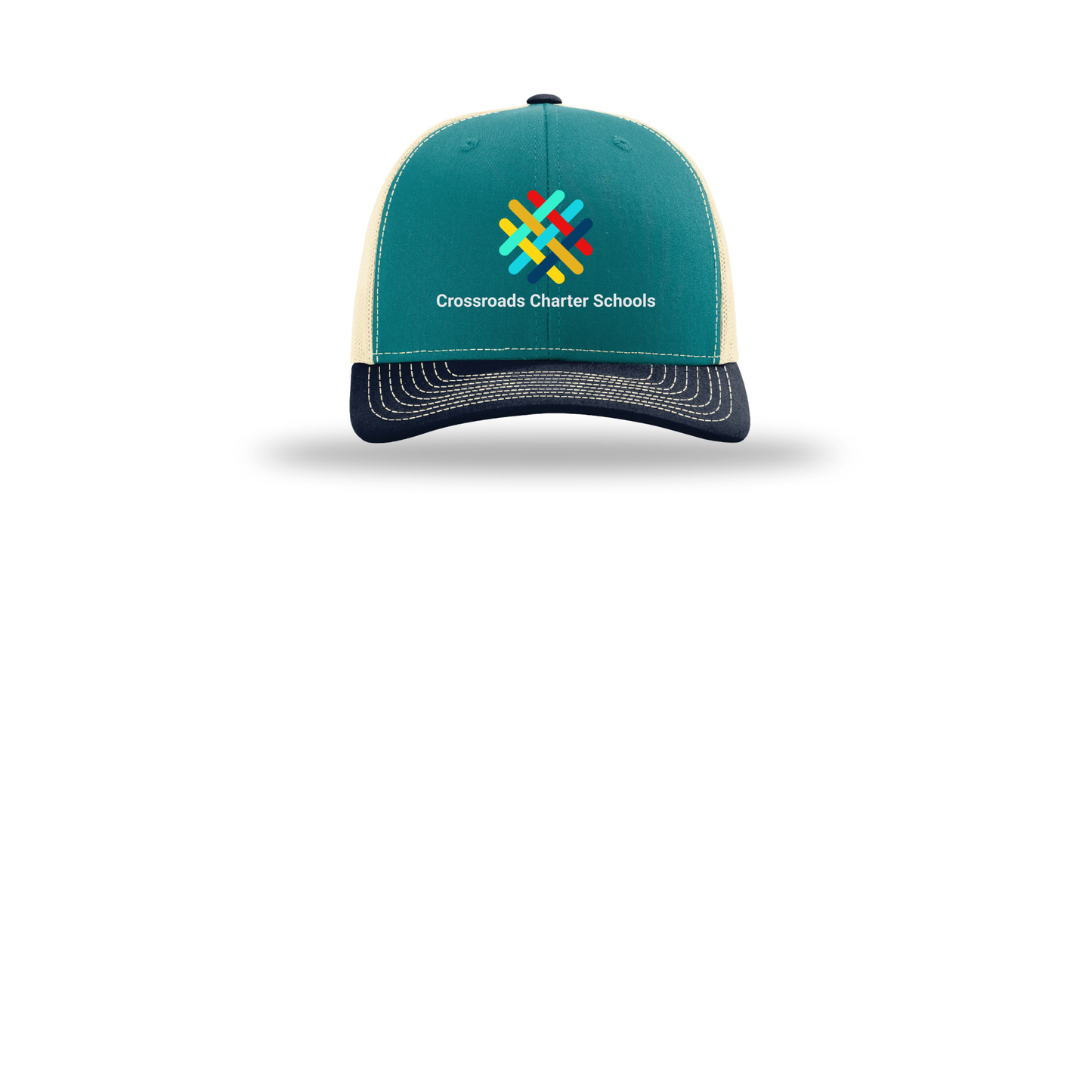 crossroadsschoolskc-richardson-trucker-cap-embroidery-capfront-R112-bluetealbirchnavy-flat-front