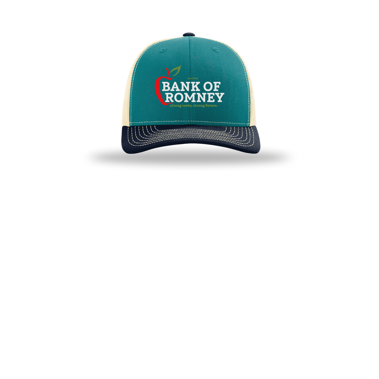bankofromney-richardson-trucker-cap-embroidery-capfront-R112-bluetealbirchnavy-flat-front