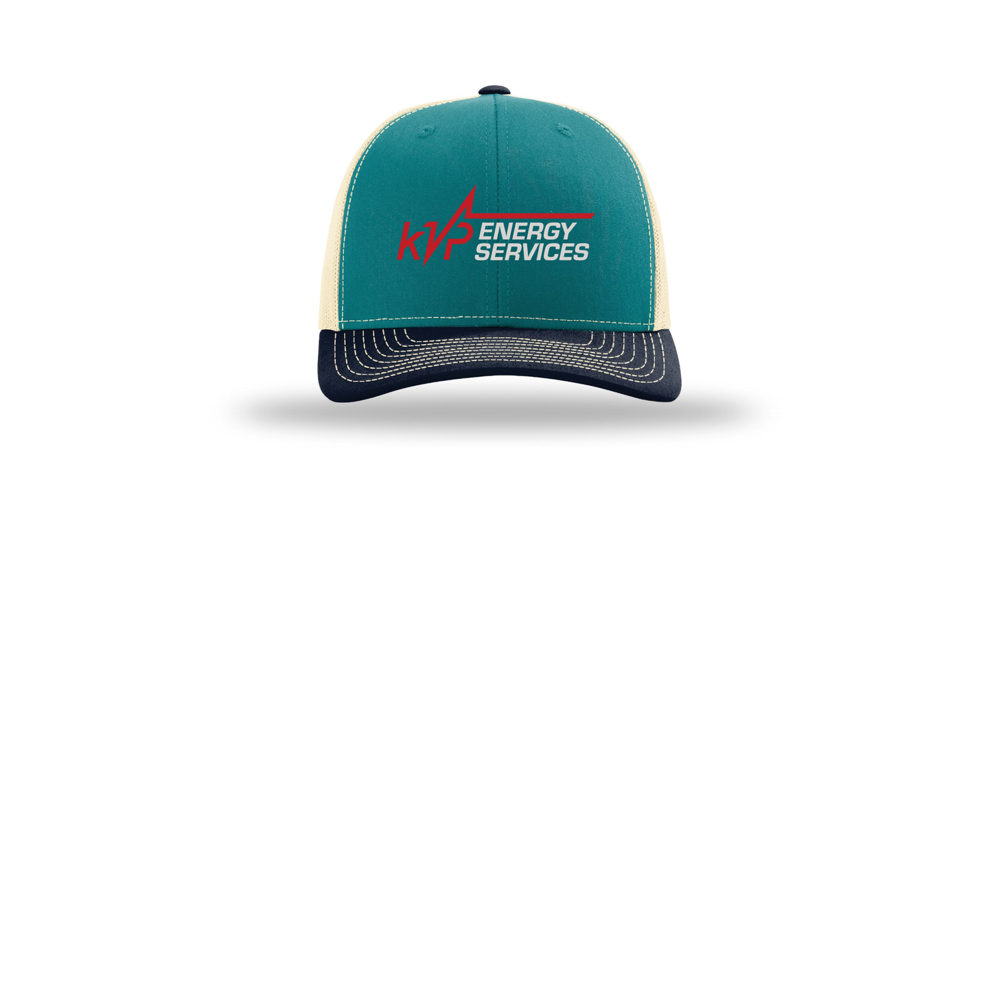 kvpenergy-richardson-trucker-cap-embroidery-capfront-R112-bluetealbirchnavy-flat-front