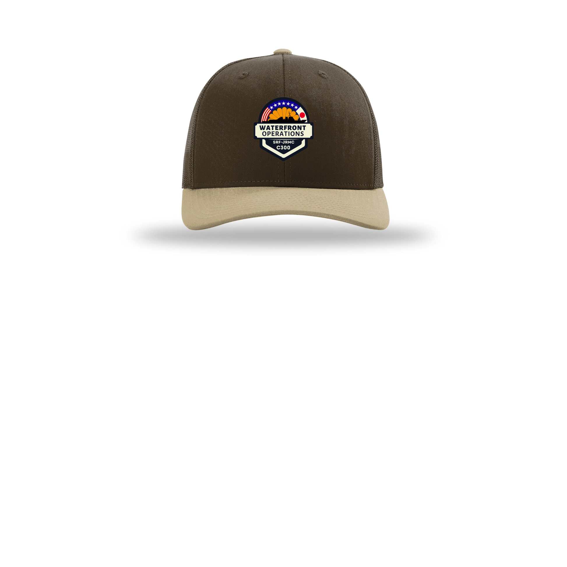 waterfront-operations-retro-trucker-cap-embroidery-capfront-R112-brownbrownkhaki-flat-front