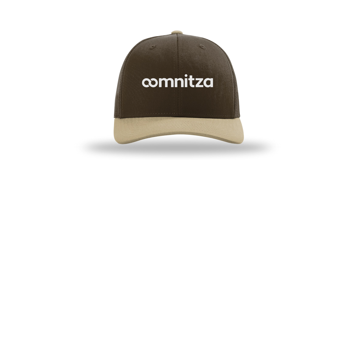 oomnitza-richardson-trucker-cap-embroidery-capfront-R112-brownbrownkhaki-flat-front