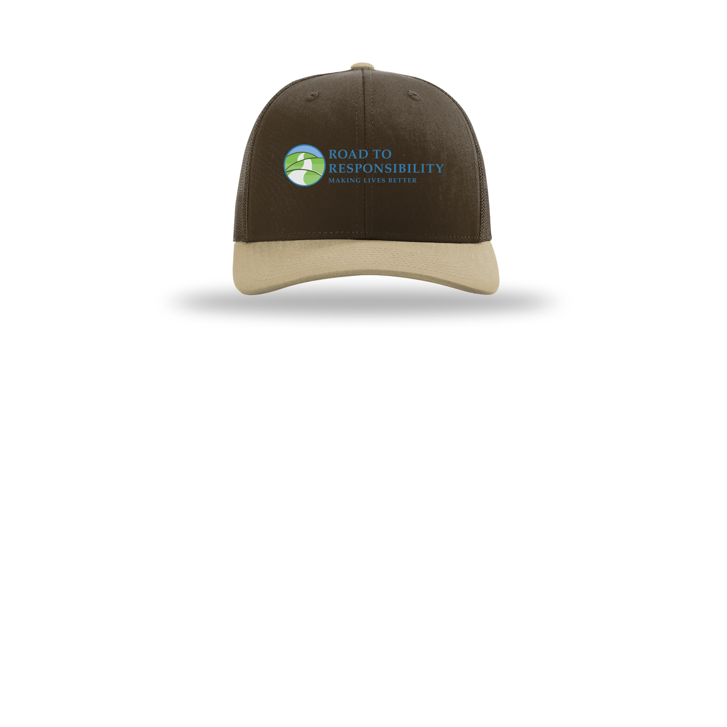 roadtoresponsibility-richardson-trucker-cap-embroidery-capfront-R112-brownbrownkhaki-flat-front