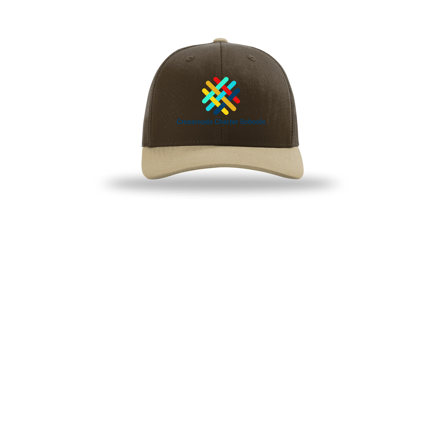 crossroadsschoolskc-richardson-trucker-cap-embroidery-capfront-R112-brownbrownkhaki-flat-front