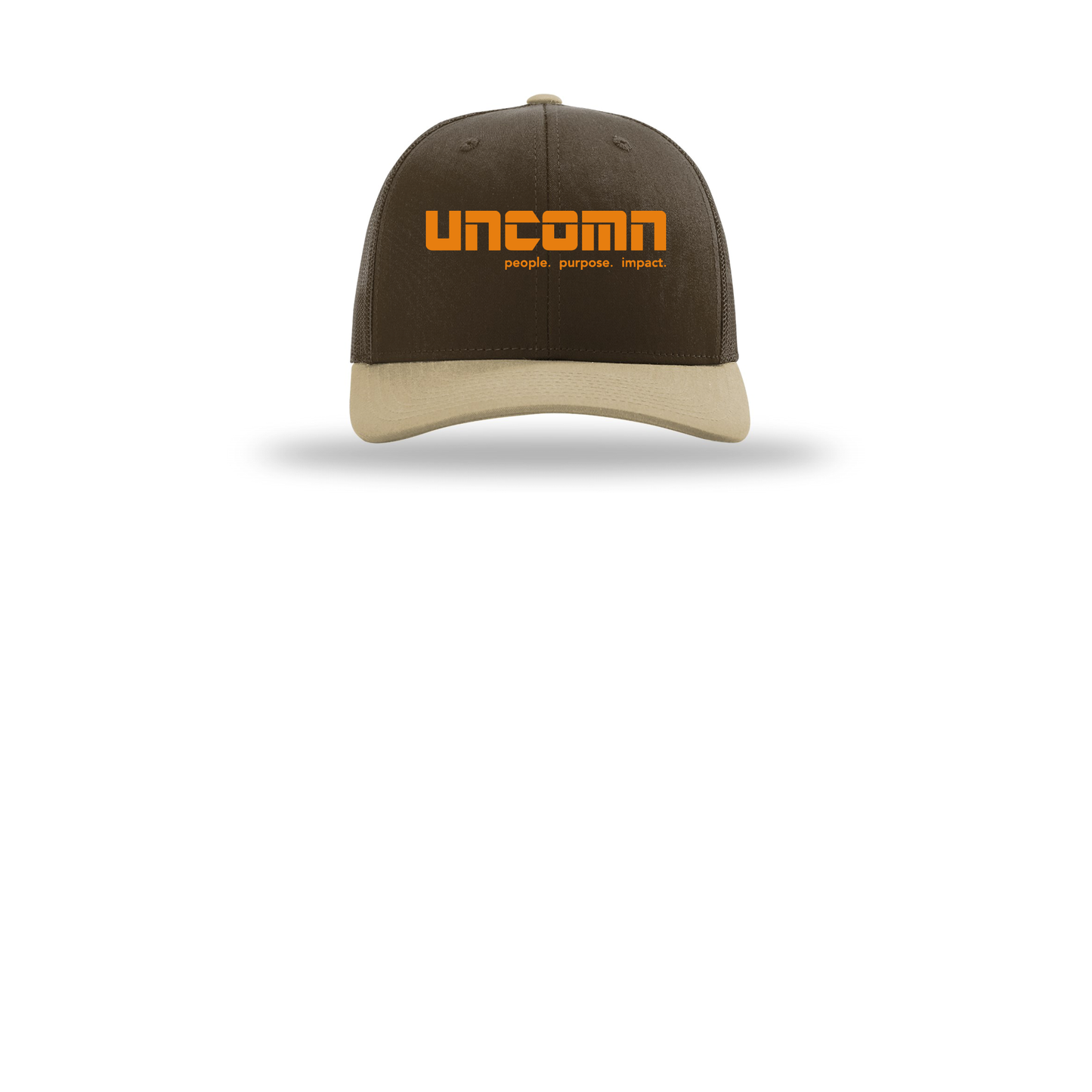 uncomn-richardson-trucker-cap-embroidery-capfront-R112-brownbrownkhaki-flat-front