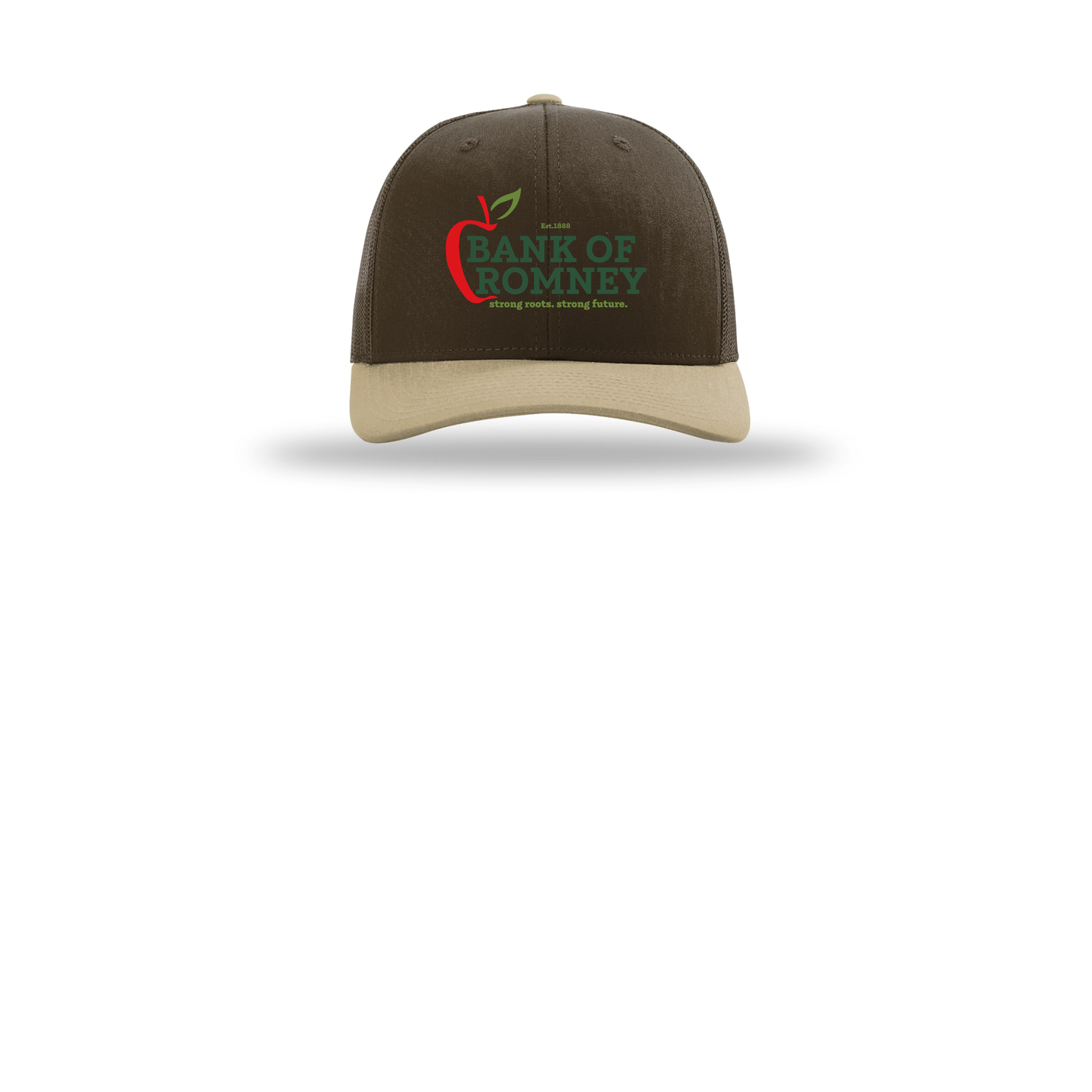 bankofromney-richardson-trucker-cap-embroidery-capfront-R112-brownbrownkhaki-flat-front