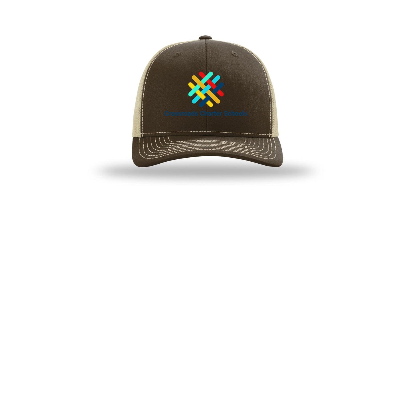 crossroadsschoolskc-richardson-trucker-cap-embroidery-capfront-R112-brownkhaki-flat-front