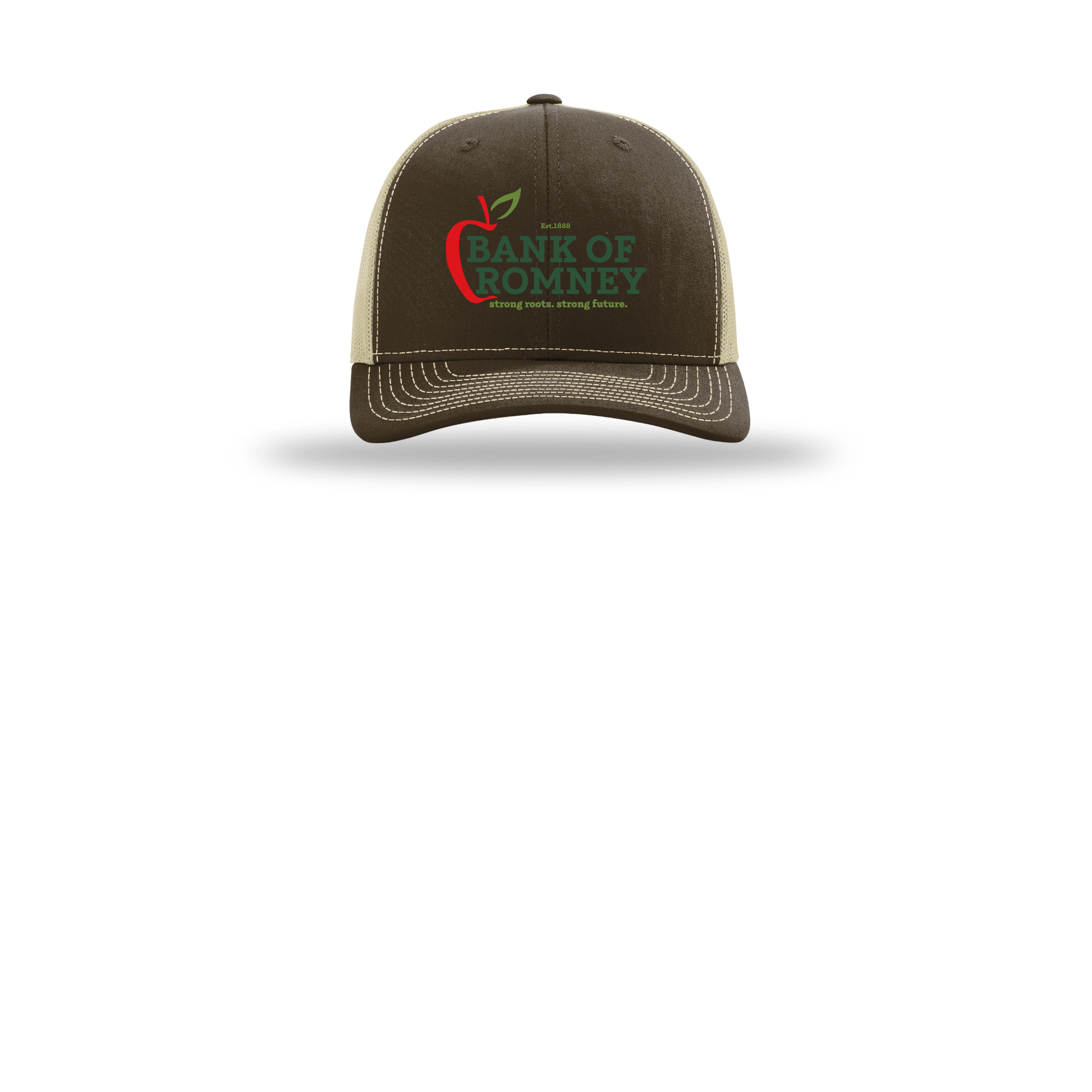 bankofromney-richardson-trucker-cap-embroidery-capfront-R112-brownkhaki-flat-front