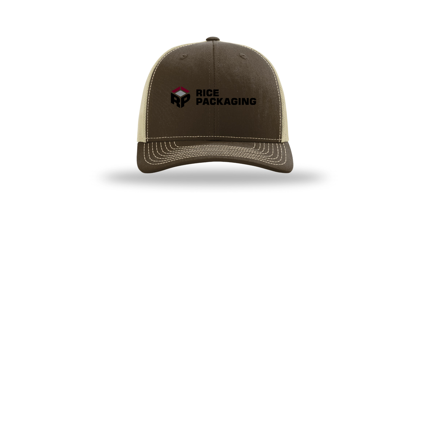 ricepackaging-richardson-trucker-cap-embroidery-capfront-R112-brownkhaki-flat-front