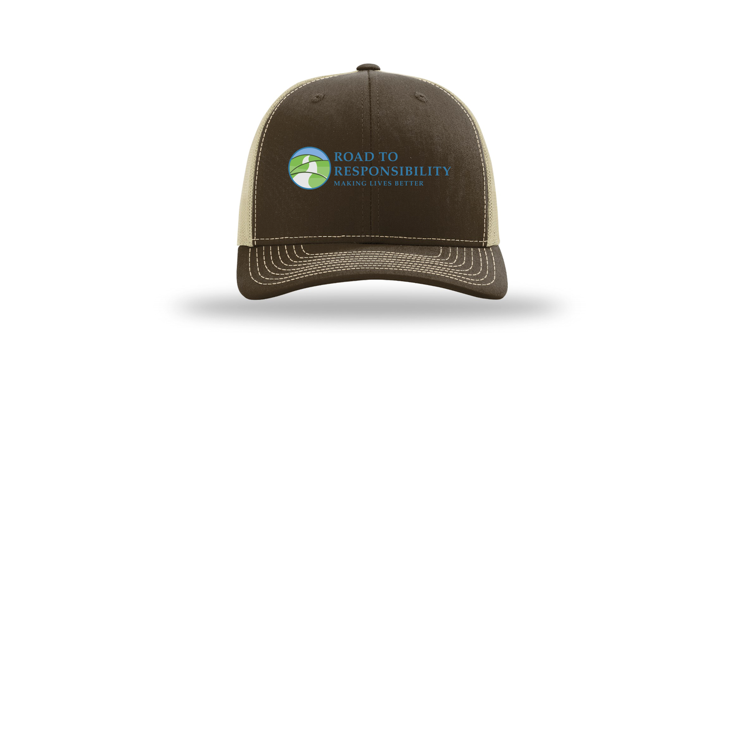 roadtoresponsibility-richardson-trucker-cap-embroidery-capfront-R112-brownkhaki-flat-front