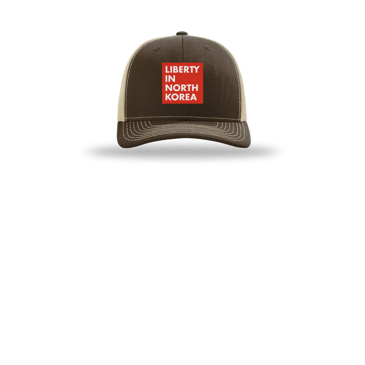 libertyinnorthkorea-richardson-trucker-cap-embroidery-capfront-R112-brownkhaki-flat-front