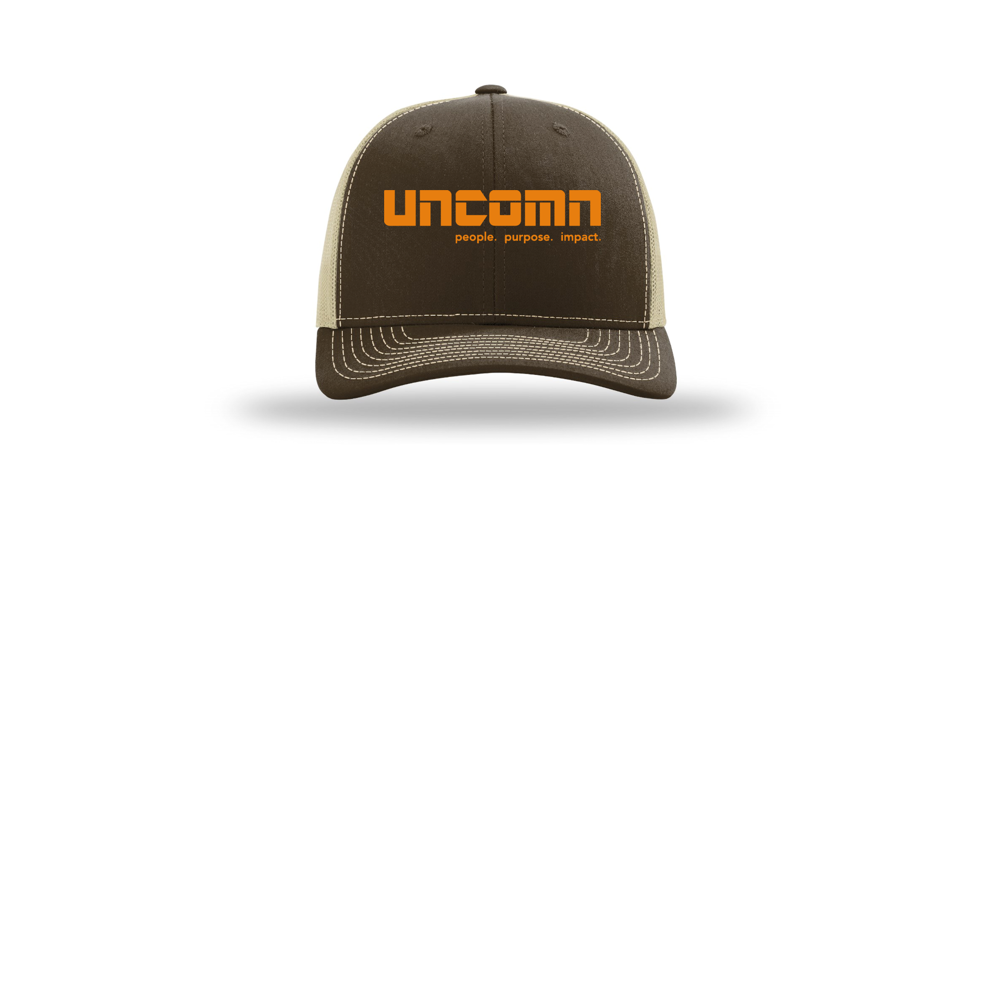 uncomn-richardson-trucker-cap-embroidery-capfront-R112-brownkhaki-flat-front